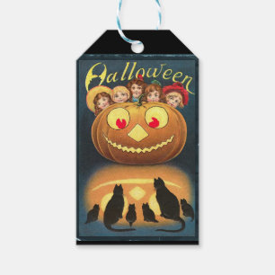 Vintage Halloween Children Hiding Behind Pumpkin Gift Tags