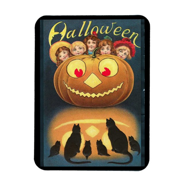 Vintage Halloween Children Hiding Behind Pumpkin Magnet (Vertical)