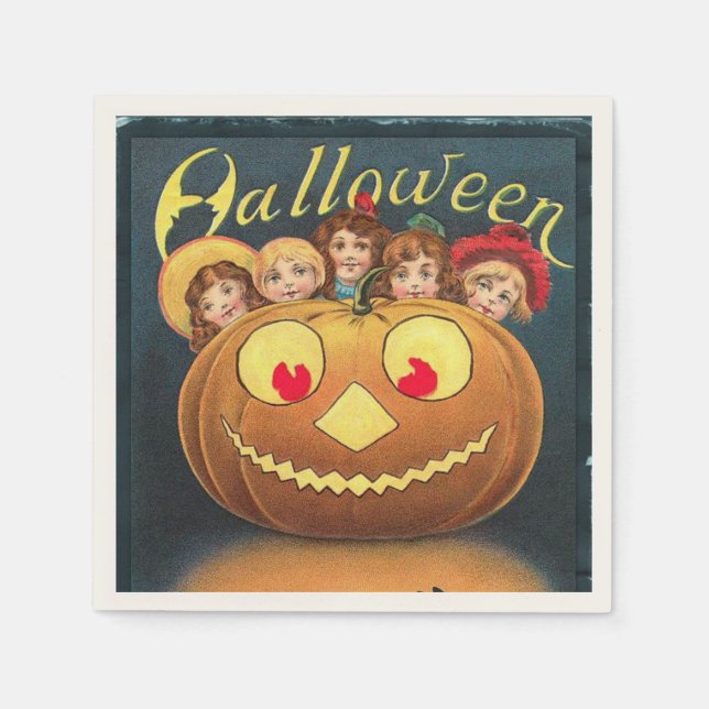 Vintage Halloween Children Hiding Behind Pumpkin Napkin (Front)