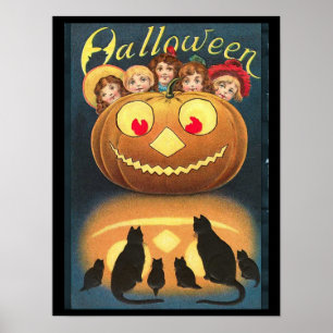 Vintage Halloween Children Hiding Behind Pumpkin Poster