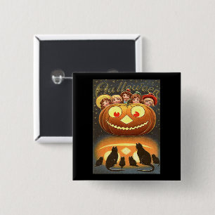 Vintage Halloween Children, Jack o' Lantern & Cats 15 Cm Square Badge
