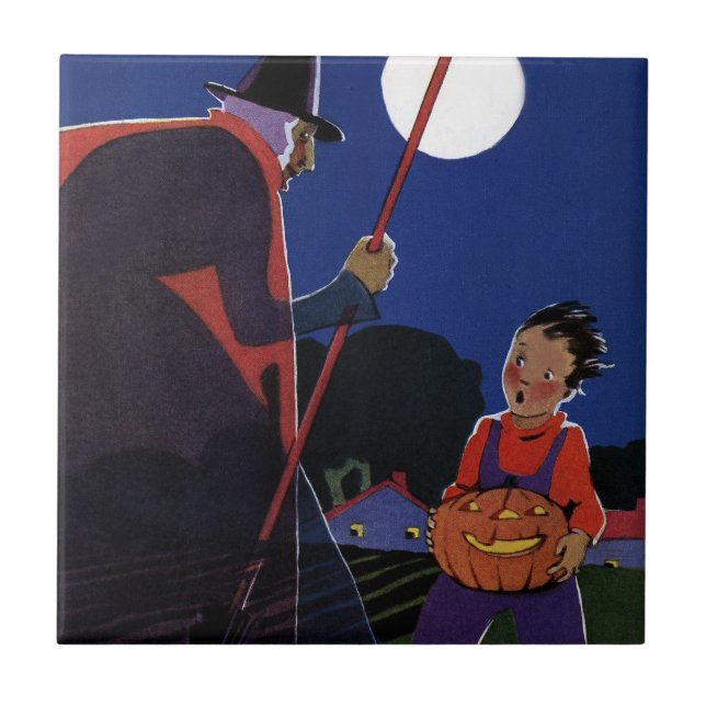 Vintage Halloween, Creepy Witch with Boy Ceramic Tile (Front)