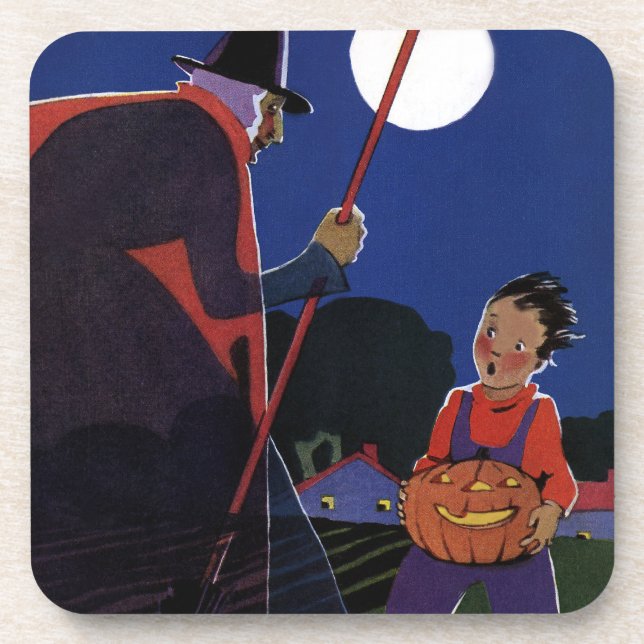 Vintage Halloween, Creepy Witch with Boy Coaster (Front)