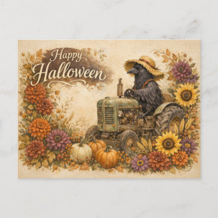 Vintage Halloween Crow Tractor Harvest Holiday Postcard