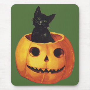 Vintage Halloween, Cute Black Cat in a Pumpkin Mouse Pad