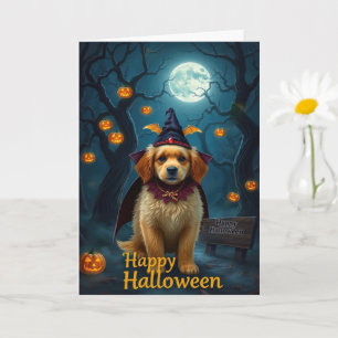 Vintage Halloween Cute Pup with Pumpkin Lantern Card