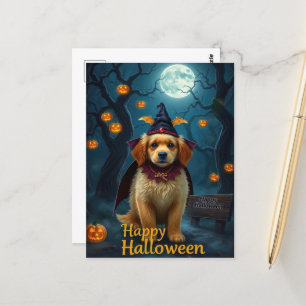 Vintage Halloween Cute Pup with Pumpkin Lantern Postcard