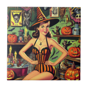 Vintage Halloween Cute Witch Pinup Ceramic Tile