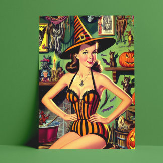 Vintage Halloween Cute Witch Pinup Postcard