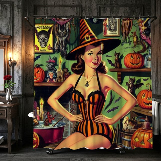 Vintage Halloween Cute Witch Pinup Shower Curtain (Creator Uploaded)