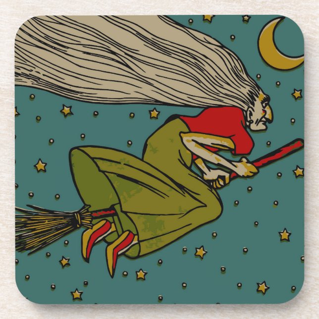 Vintage Halloween, Evil Witch Flying on Broomstick Coaster (Front)