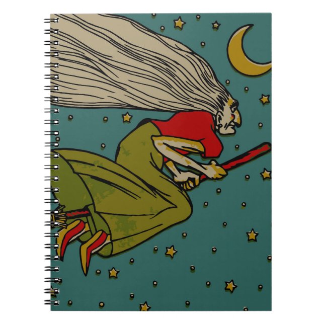 Vintage Halloween, Evil Witch Flying on Broomstick Notebook (Front)
