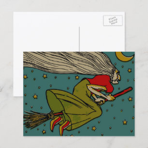 Vintage Halloween, Evil Witch Flying on Broomstick Postcard