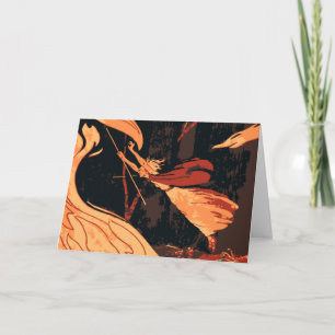 Vintage Halloween, Evil Witch with Fire in Forest Card