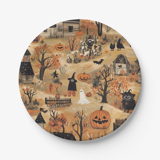 Vintage Halloween farm pattern Paper Plate (Front)