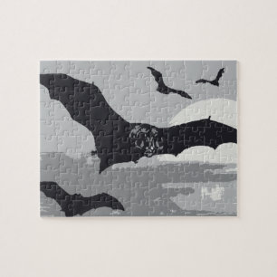 Vintage Halloween Flying Black Bats Jigsaw Puzzle