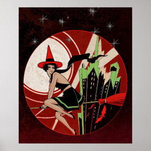 Vintage Halloween Flying Witch Art Poster
