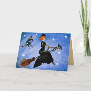 Vintage Halloween Flying Witch Card