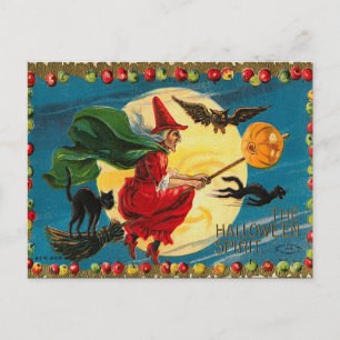 Vintage Halloween Flying Witch Postcard