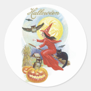 Vintage Halloween, Flying Witch with a Black Cat Classic Round Sticker
