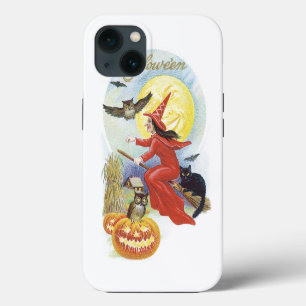 Vintage Halloween, Flying Witch with a Black Cat iPhone Case