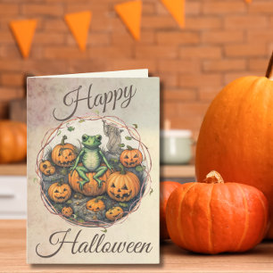 Vintage Halloween Frog & Pumpkins Holiday Card