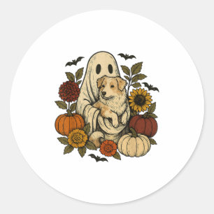 Vintage Halloween Ghost Aussie Dog Autumn Flowers  Classic Round Sticker