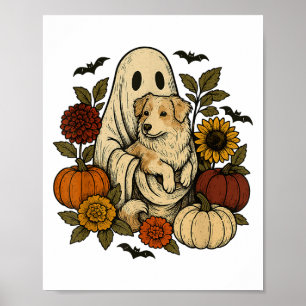 Vintage Halloween Ghost Aussie Dog Autumn Flowers Poster