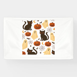 Vintage Halloween Ghost & Black Cat Pattern Classi Banner