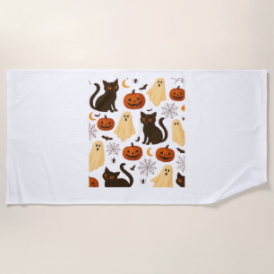 Vintage Halloween Ghost & Black Cat Pattern Classi Beach Towel