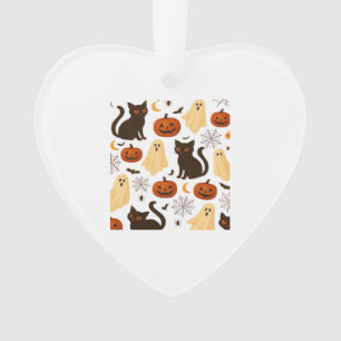 Vintage Halloween Ghost & Black Cat Pattern Classi Ornament