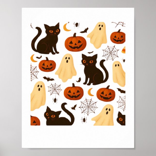 Vintage Halloween Ghost & Black Cat Pattern Classi Poster (Front)
