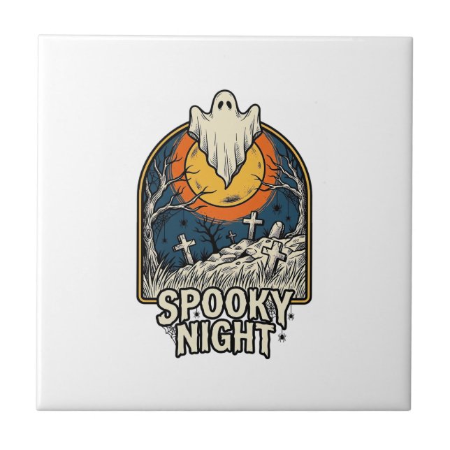 Vintage Halloween Ghost Graveyard Engraving Shirt_ Ceramic Tile (Front)