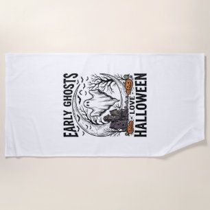 Vintage Halloween Ghost Haunted Moon Engraving Art Beach Towel