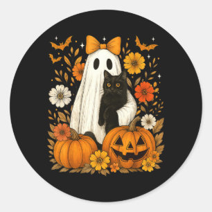 Vintage Halloween Ghost Holding Black Cat Groovy Classic Round Sticker