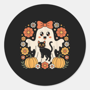 Vintage Halloween Ghost Holding Black Cat Groovy Classic Round Sticker