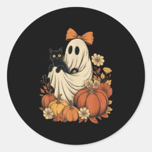 Vintage Halloween Ghost Holding Black Cat Groovy F Classic Round Sticker