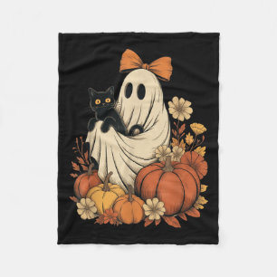 Vintage Halloween Ghost Holding Black Cat Groovy F Fleece Blanket