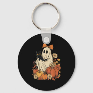 Vintage Halloween Ghost Holding Black Cat Groovy F Key Ring