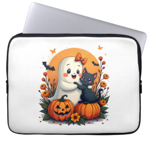 Vintage Halloween Ghost Holding Black Cat Groovy F Laptop Sleeve