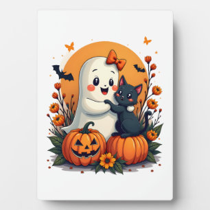 Vintage Halloween Ghost Holding Black Cat Groovy F Plaque