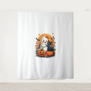 Vintage Halloween Ghost Holding Black Cat Groovy F Tapestry