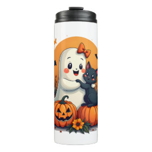 Vintage Halloween Ghost Holding Black Cat Groovy F Thermal Tumbler