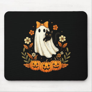 Vintage Halloween Ghost Holding Black Cat Groovy Mouse Pad