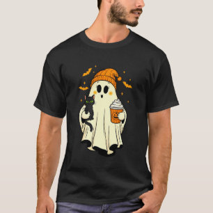 Vintage Halloween Ghost Holding Black Cat Pumpkin T-Shirt