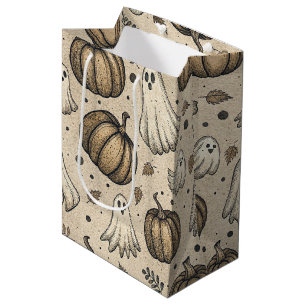 Vintage Halloween Ghost Pumpkin Rustic Parchment Medium Gift Bag