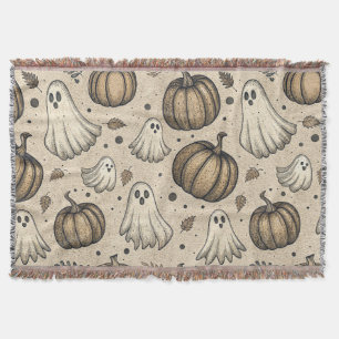 Vintage Halloween Ghost Pumpkin Rustic Parchment Throw Blanket