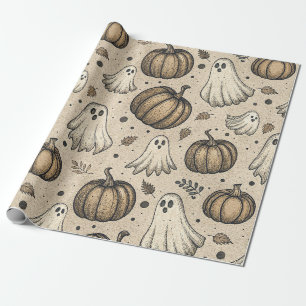 Vintage Halloween Ghost Pumpkin Rustic Parchment Wrapping Paper