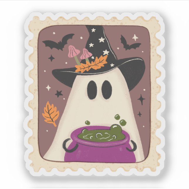 Vintage Halloween Ghost Witch & Cauldron Stamp (Front)