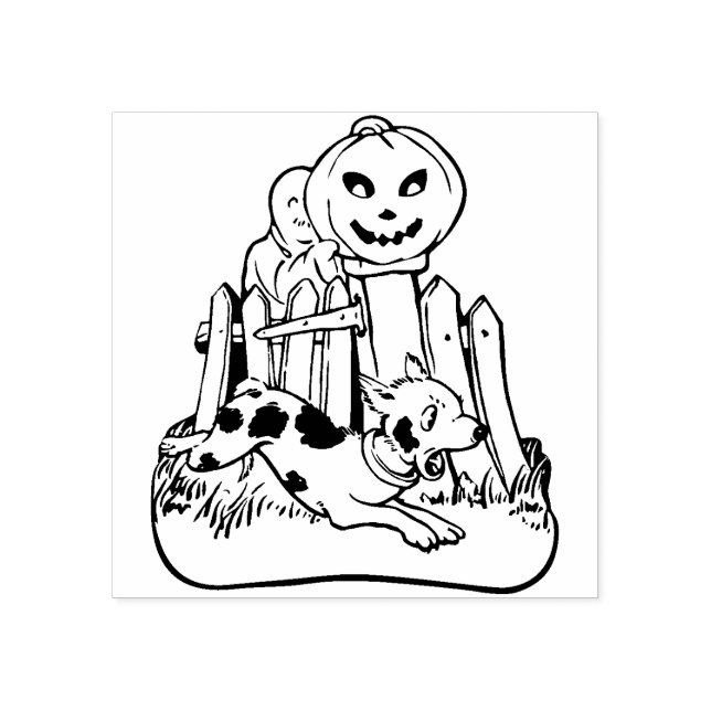 Vintage Halloween Ghost with Dog & Pumpkin Rubber Stamp (Imprint)